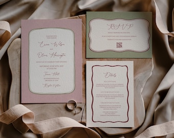 Wavy Border Wedding Invitation Suite, Modern Curvy Frame, Sage Blush,Editable Canva, RSVP & Details Cards, Minimal Script,Printable Download