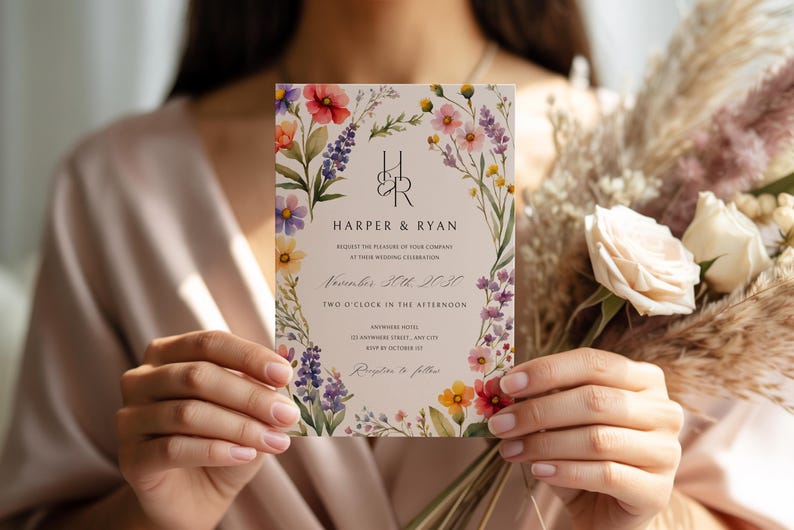 Rosa Wildblumen-Hochzeits-Einladungs-Reihe, Garten-Hochzeit einladen, Boho-Hochzeit, gepresste Blumen, die Antwort schreiben, bearbeitbare Vorlage, druckbare Details Bild 10