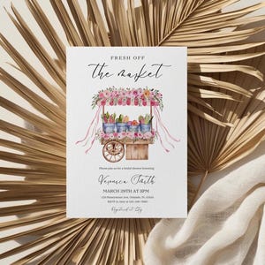 Farmer's Market Bridal Shower Invitation Template,Fresh off the Market Produce Cart,Pink Bow Floral Bridal Editable Invite,Locally Grown