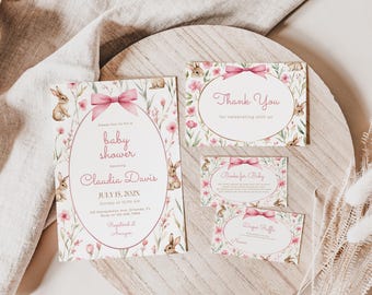 Vintage Floral Bunny Baby Shower Invitation Suite,Book Request,Pink Bow Monogram Baby Shower,Rabbit,Cottagecore,Printable,Editable Template