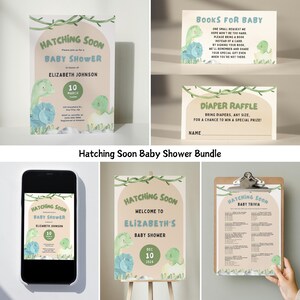 Dinosaur Baby Shower Bundle, Hatching Soon Invite, Dino Welcome Sign, Shower Games Matching Set, Canva Editable Instant Download Template