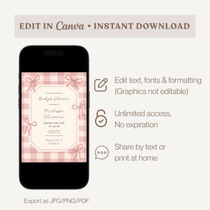 May include: A smartphone displays a baby shower invitation design. The invitation features a pink gingham pattern and bow accents. Text on the screen reads "Baby Shower", the names "Melissa Oliveria", and event details. Additional text includes "Edit in Canva - Instant Download".