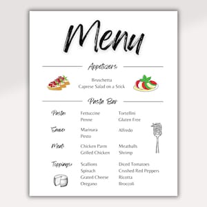 Pasta Bar Menu, Buffet Minimalist Wedding Menu,Printable Menu,Canva Editable Menu Template Instant Download, Customizable Food Menu Sign