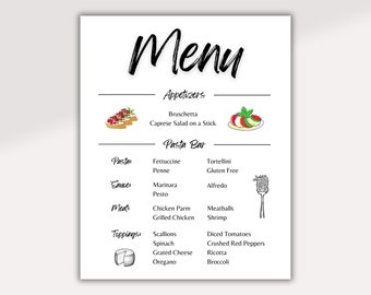 Pasta Bar Minimalist Menu Buffet | Wedding Menu, Printable Menu, Canva Editable Menu Template