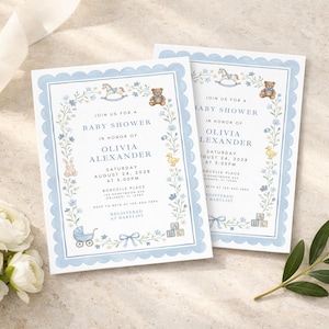 May include: Two baby shower invitations with a blue scalloped border and floral accents. The invitations feature text, including the name "Olivia Alexander" and the date "August 24, 2028". Decorative elements include a rocking horse, teddy bear, and baby carriage.