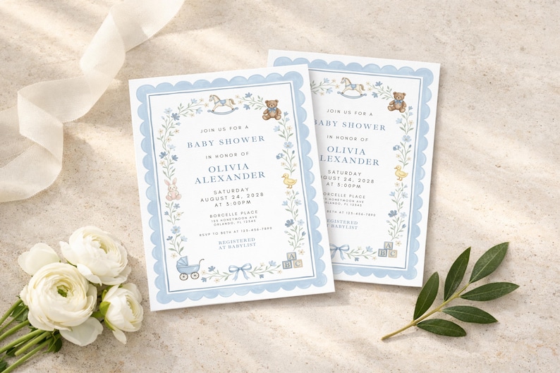 May include: Two baby shower invitations with a blue scalloped border and floral accents. The invitations feature text, including the name "Olivia Alexander" and the date "August 24, 2028". Decorative elements include a rocking horse, teddy bear, and baby carriage.