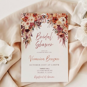 Fall in Love Bridal Shower Invitation,Terracotta Autumn Floral,Boho Bridal Party Editable Invitation,Fall Bridal Shower Printable Template