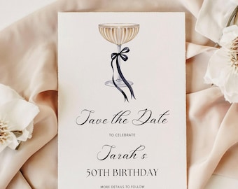 Champagner-Coupe Save the Date Vorlage, schwarze Schleife Save the Date, 50. Geburtstag Save the Date Card, bearbeitbare Canva-Vorlage, druckbare 5x7