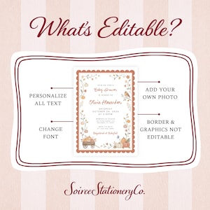 May include: A digital baby shower invitation template featuring a scalloped border, autumn-themed pumpkin and floral illustrations, and placeholder text. The graphic includes labels indicating that all text and fonts are editable.