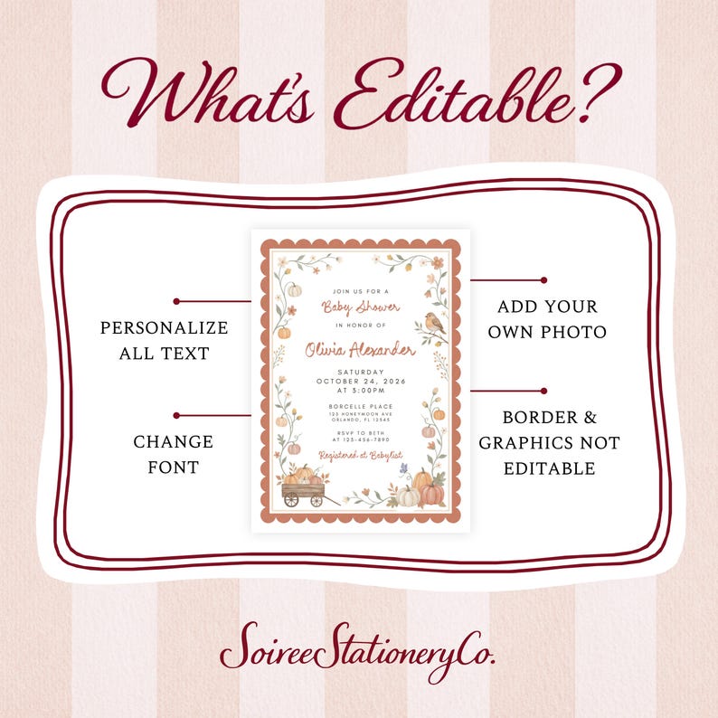 May include: A digital baby shower invitation template featuring a scalloped border, autumn-themed pumpkin and floral illustrations, and placeholder text. The graphic includes labels indicating that all text and fonts are editable.