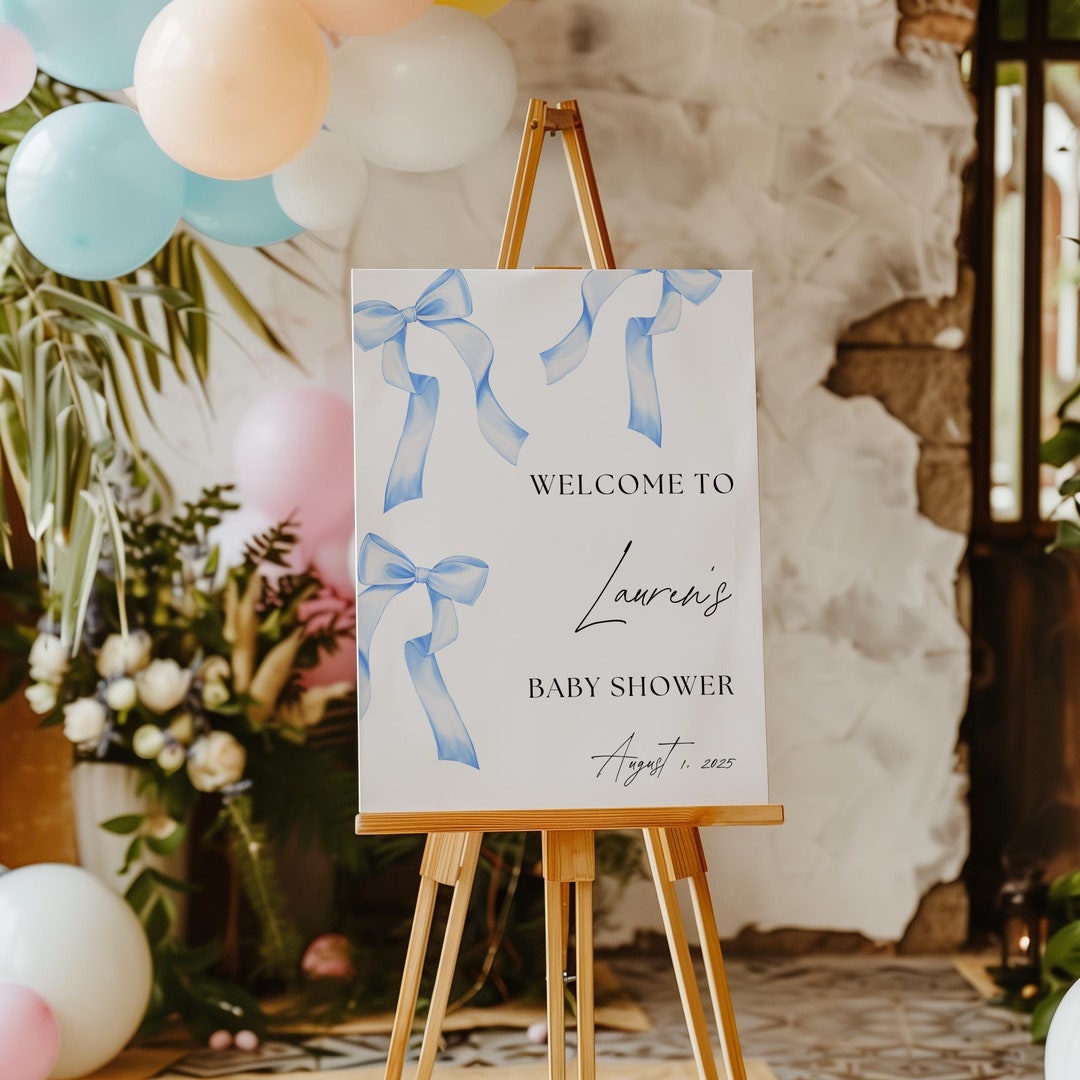 EDITABLE Blue Bow Baby Shower Welcome Sign,boy Baby Shower Sign ...