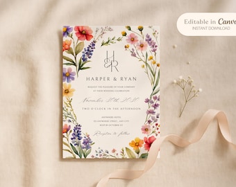 Wildflower Wedding Invitation Template,Wedding Invitation Suite,Pink Botanical Garden Floral Invite,Wedding Invite Instant Download & Print