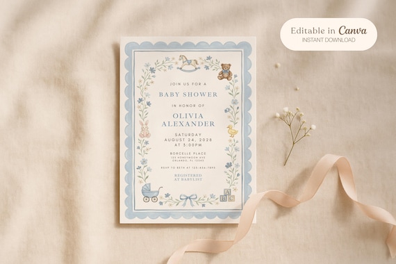 Blue Baby Shower Invitation Template, Vintage Nursery Toys Invite, Teddy Bear Rocking Horse, Floral Editable Printable Download