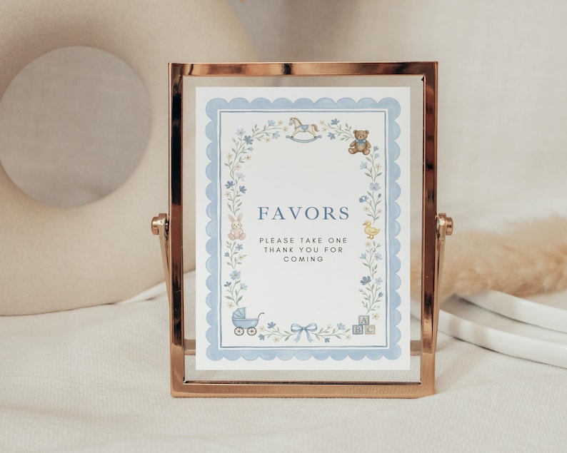 Blue Baby Shower Table Signs Template Bundle, Vintage Nursery Toys Invite, Teddy Bear Rocking Horse, Floral Editable Printable Download image 8