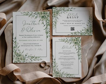 Green Greenery Wedding Invitation Suite,Elegant Green Garden Wedding Invite,Pressed Flowers Wedding RSVP,Printable Details Editable Template