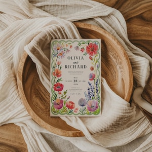 Grüne bunte Blumen-Hochzeitseinladung Vorlage, Sommerhochzeits-Einladung, wunderliche botanische Garten-Einladung, sofortiger Download