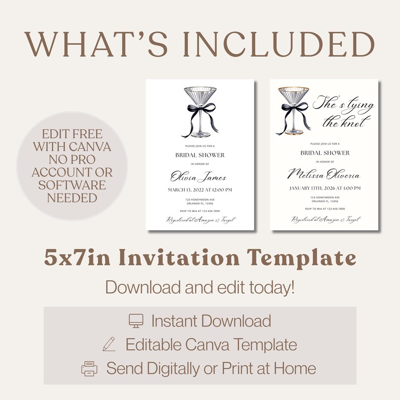 Editable Bridal Shower Invitation Template,She's Tying the Knot,Martini Glass Black Bow Invite, 5x7 Canva Digital Download image 7