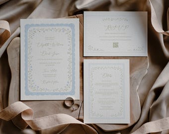 Blaue ausgebogte Blumen-Hochzeitseinladungs-Reihe, Garten-Ranken-Rahmen, bearbeitbare Leinwand, Antwortkarte & Details, romantischer Cottagecore, druckbarer Download