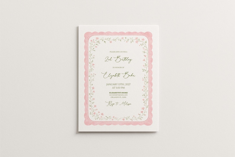 May include: A rectangular invitation card with a pink scalloped border and floral accents. The text reads "Please join us for a 2nd Birthday in honor of Elizabeth Baker" with date and address details. The card is on a white background.