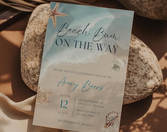 Beach Bum Baby Shower Invitation,Beach Baby Shower,Gender Neutral,Beige and Blue Baby Shower,Surf Invitation,Fully Editable Template Evite