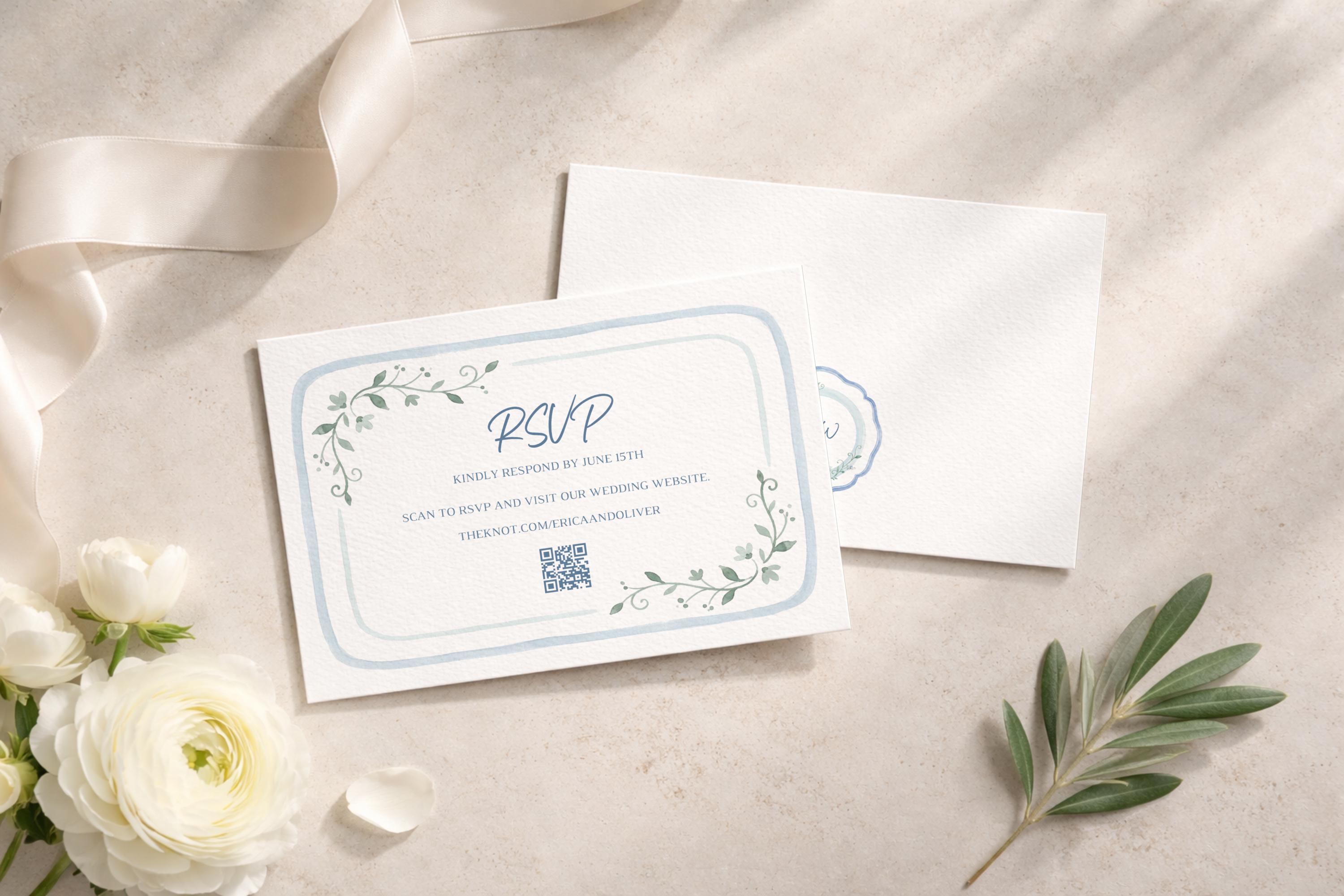 Watercolor Blue Scallop Floral Wedding Invitation Suite, Editable Canva ...