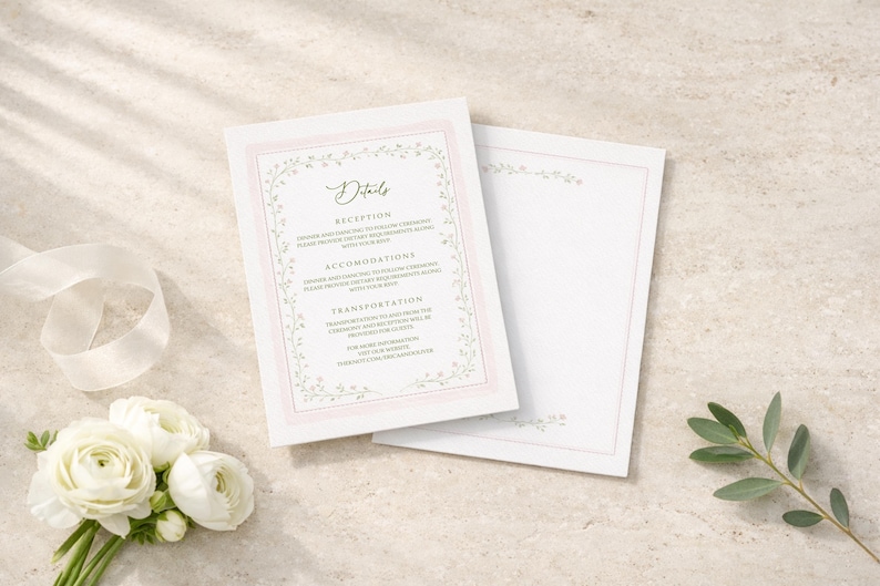 May include: Two white wedding invitation cards with a pink border and floral design. The card on the left has the word "Details" at the top, with text below. A bouquet of white flowers and a white ribbon are on the left.