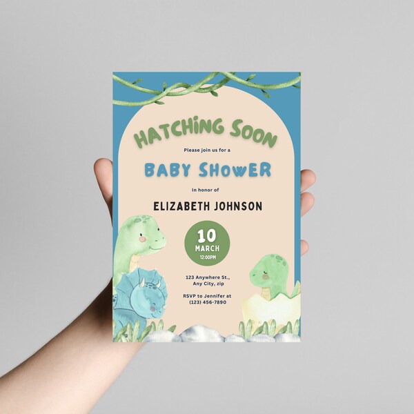 Editable Dinosaur Baby Shower Invitation, Hatching Soon Dinosaur Baby Shower Invite, Boy Dinosaur Baby Shower Template