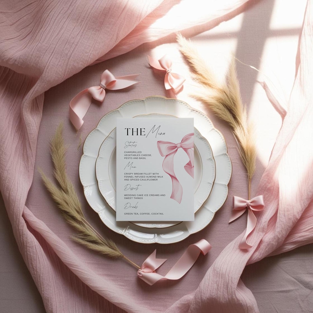 Editable Pink Ribbon Bow Menu Template,wedding/bridal Shower Menu ...