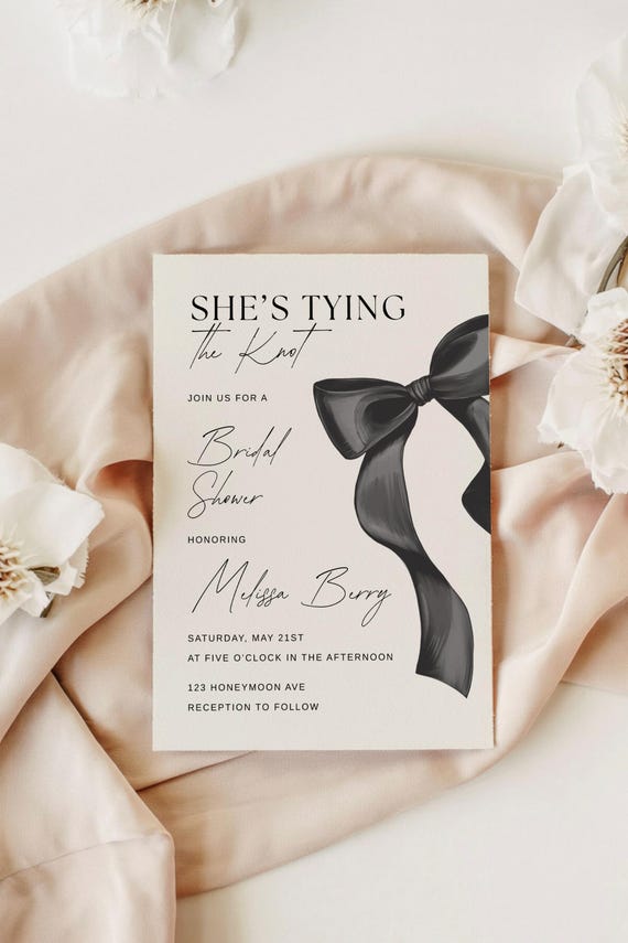 She's Tying the Knot Bridal Shower Invitation,Black Bow Bridal Invites,bridal shower themes,bride to be, Editable Printable Evite Template