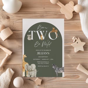 Born Two Be Wild 2nd Birthday Invitation,Minimal Safari Jungle Animal,Modern Gender Neutral Second Bday Party Printable Editable Template