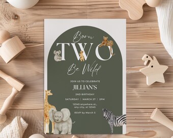 Born Two Be Wild 2nd Birthday Invitation,Minimal Safari Jungle Animal,Modern Gender Neutral Second Bday Party Printable Editable Template