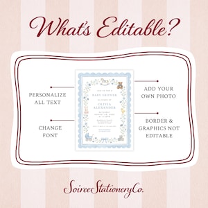 May include: A baby shower invitation with a blue floral border and the text "What's Editable?" The invitation includes text fields for personalization and the option to add a photo. The design features a rocking horse, teddy bear, and baby carriage.