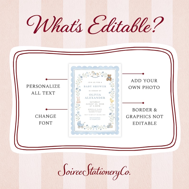 May include: A baby shower invitation with a blue floral border and the text "What's Editable?" The invitation includes text fields for personalization and the option to add a photo. The design features a rocking horse, teddy bear, and baby carriage.