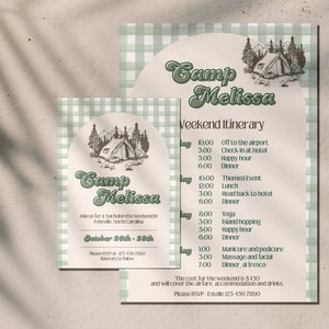 Camp Bachelorette Party Itinerary Template, Summer Camp Bach Them Weekend Invitation, Green Hiking Itinerary,Canva Instant Download Template