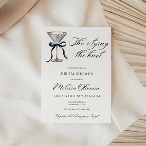 Editable Bridal Shower Invitation Template,She's Tying the Knot,Martini Glass Black Bow Invite, 5x7 Canva Digital Download image 5
