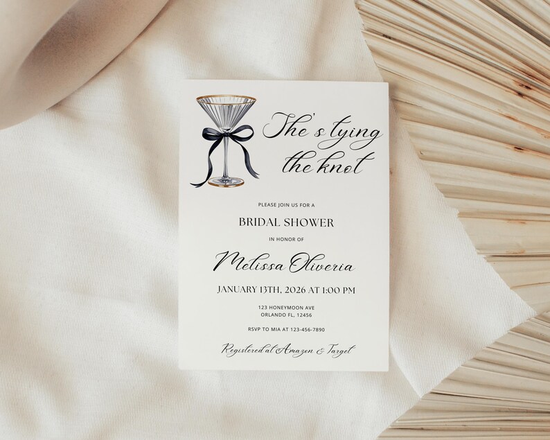 Editable Bridal Shower Invitation Template,She's Tying the Knot,Martini Glass Black Bow Invite, 5x7 Canva Digital Download image 5