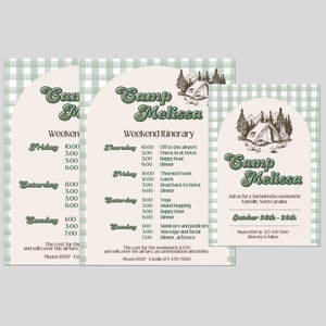 Camp Bachelorette Party Itinerary Template, Summer Camp Bach Them Weekend Invitation, Green Hiking Itinerary,Canva Instant Download Template
