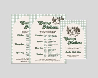 Camp Bachelorette Party Itinerary Template, Summer Camp Bach Them Weekend Invitation, Green Hiking Itinerary,Canva Instant Download Template