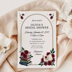 Burgundy Bookish Bridal Shower Invitation, Editable Canva Template, Literary Floral Books Arch, Instant Download Printable Invite