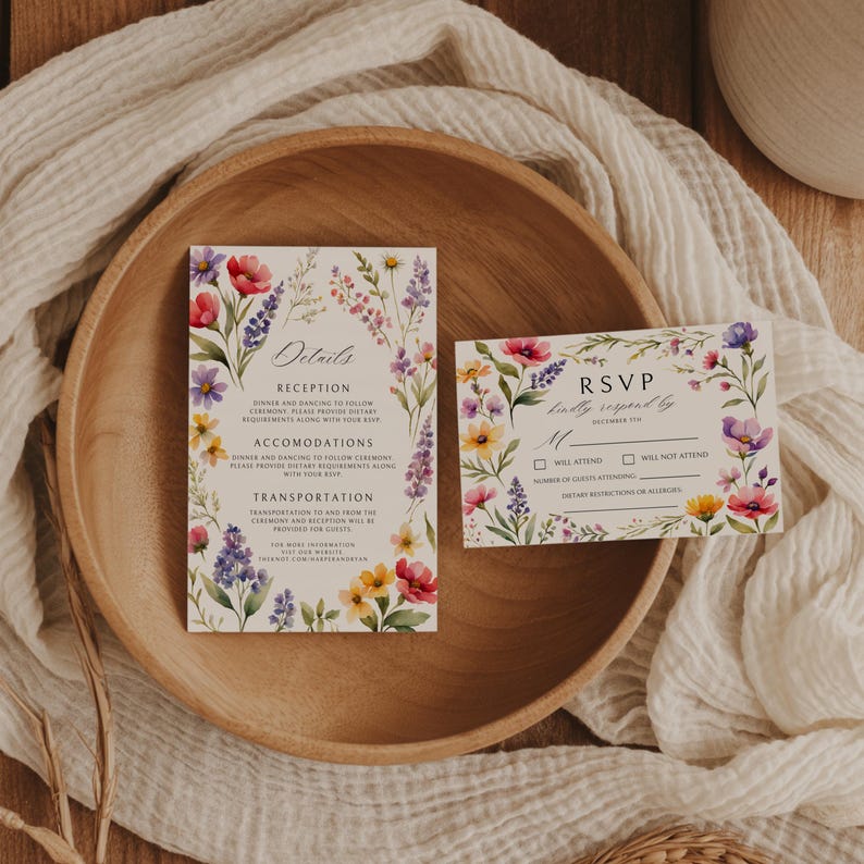 Rosa Wildblumen-Hochzeits-Einladungs-Reihe, Garten-Hochzeit einladen, Boho-Hochzeit, gepresste Blumen, die Antwort schreiben, bearbeitbare Vorlage, druckbare Details Bild 8