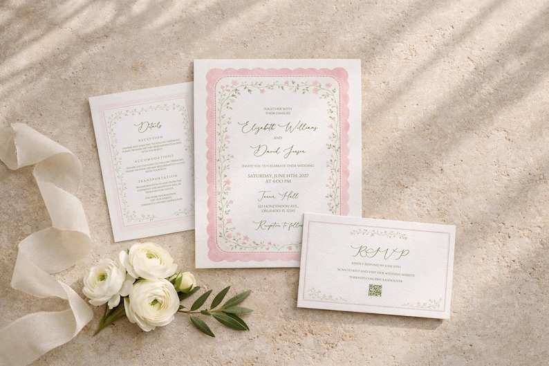 May include: Wedding invitation suite featuring a main invitation, details card, and RSVP card. The cards have a pink and white floral design with elegant script. A white ribbon and white flowers with green leaves are arranged near the cards.