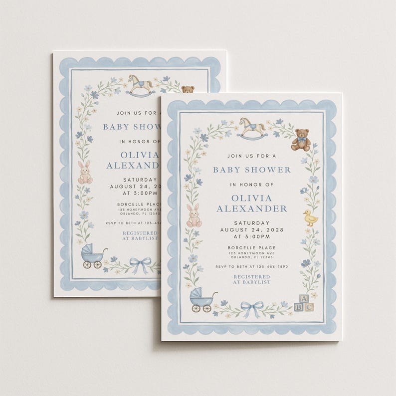 May include: Two baby shower invitations with a light blue scalloped border. The invitations feature floral and toy illustrations, including a rocking horse, teddy bear, and baby carriage. Text reads "Baby Shower" and the name "Olivia Alexander".