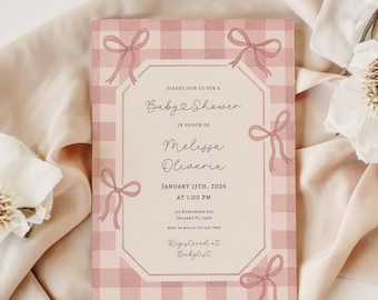 Dusty Pink Gingham Bow Baby Shower Invitation Template, Editable Canva Invite, Coquette Ribbon, Girl Sprinkle, Printable Digital Download
