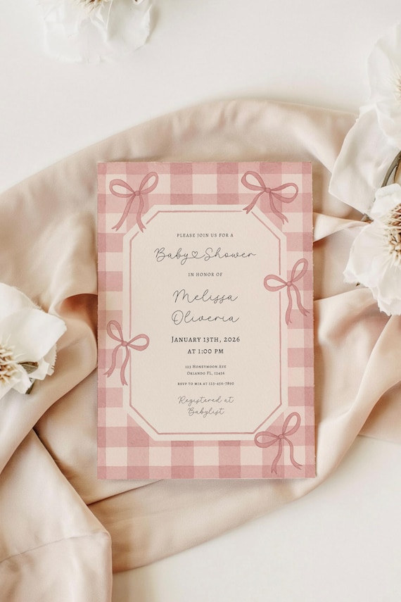Dusty Pink Gingham Bow Baby Shower Invitation Template, Editable Canva Invite, Coquette Ribbon, Girl Sprinkle, Printable Digital Download