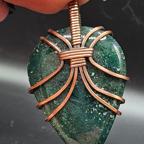 Handmade Wirewrapped Moss Agate Pendant, Simple Style Unisex Copper Wire Crystal Necklace. Includes 24" cord