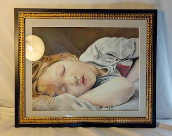 Original Fine Art Pastel Painting Sleeping Child in Elegant Gold & Black Frame
