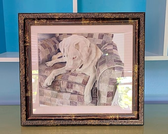 Original Color Pencil Painting of Fawn Labrador Puppy in Brown Chair Antiqued Gold Frame
