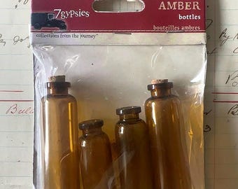 7 Gypsies Amber Glass Apothecary Bottles | Set of 4 Corked Mini Bottles | Shadow Box | Junk Journal | Mixed Media | Curio Craft Supply