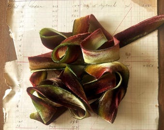 Hanah Silk Hand-Dyed Velvet Silk Variegated Artisan Ribbon “Leaves Turning” | Chocolate Green Gold | Vintage Stock - Full 17-Yard Roll