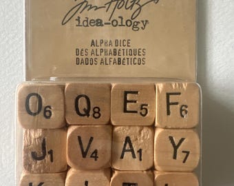 Tim Holtz Idea-ology Alpha Dice Natural Wood | 12 Wooden Alphabet Dice | Letter Blocks for Journals Scrapbooking Mixed Media Crafts